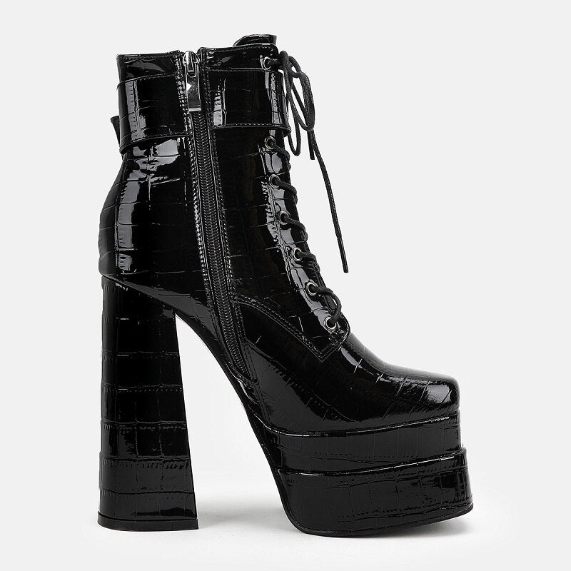 New super high heel square head large women's leather boots with strap and thick heel short boots double waterproof platform boots