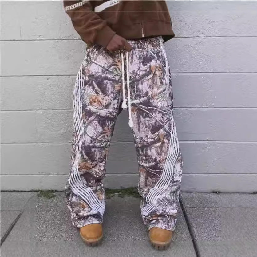 Urban Streetwear Hip-Hop Leaf Camouflage Print Functional Oversized Striped Wide-Leg Pants Loose Casual Trousers