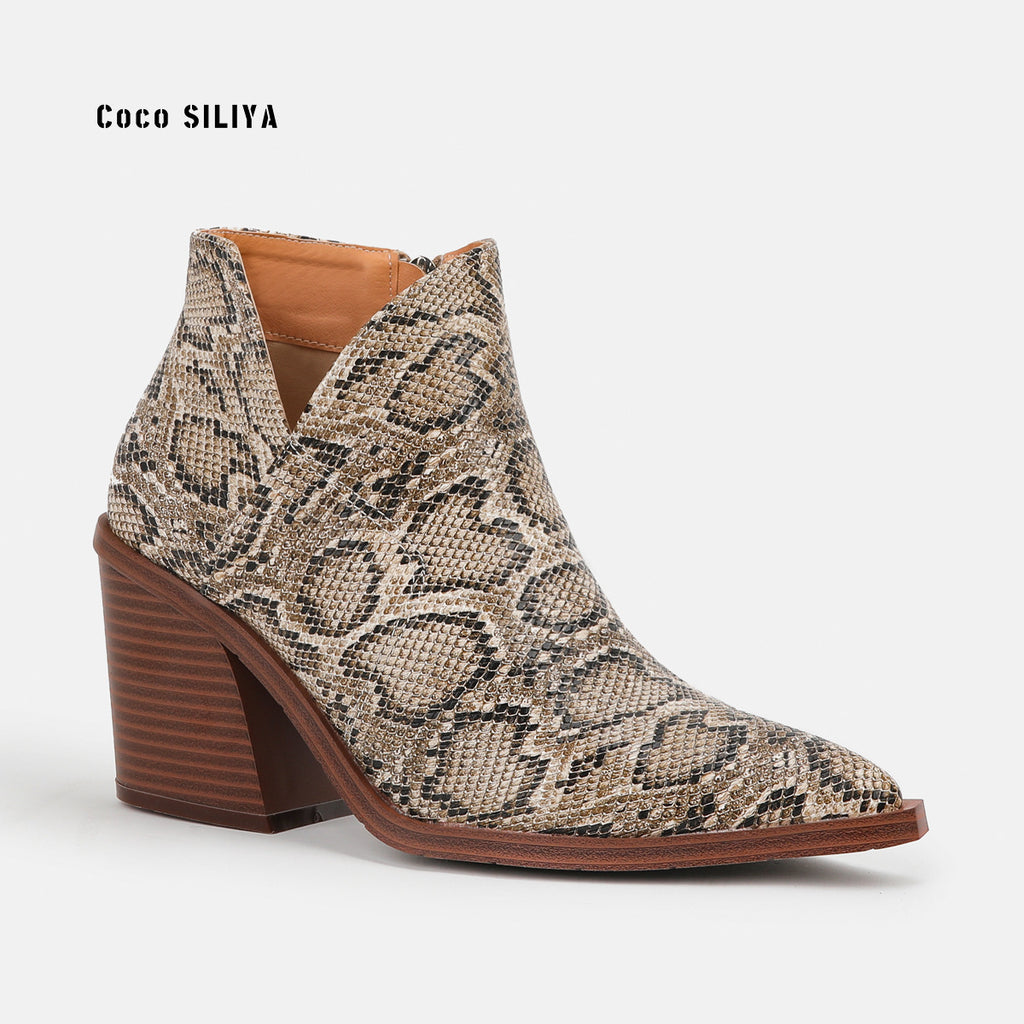 Women's Snakeskin Leather Boots New Ankle Boots Thick Heel Pointy Big Short Boots