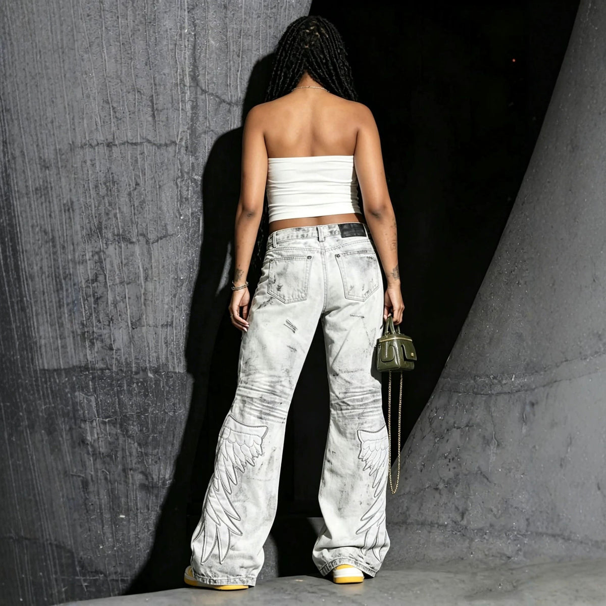 Punk Distressed Wings Applique Denim Pants