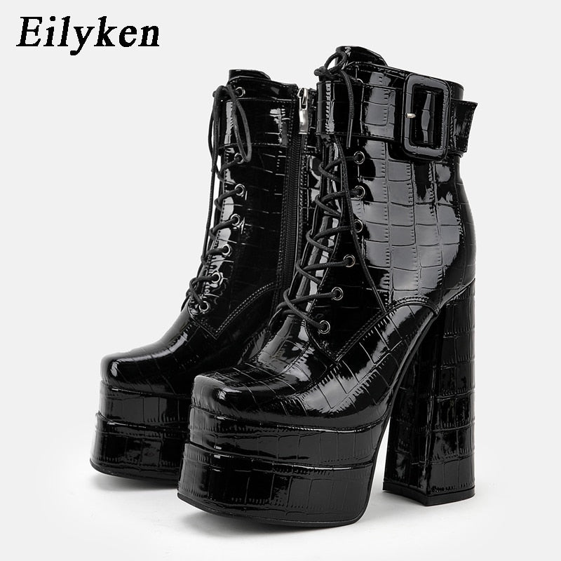 New super high heel square head large women's leather boots with strap and thick heel short boots double waterproof platform boots