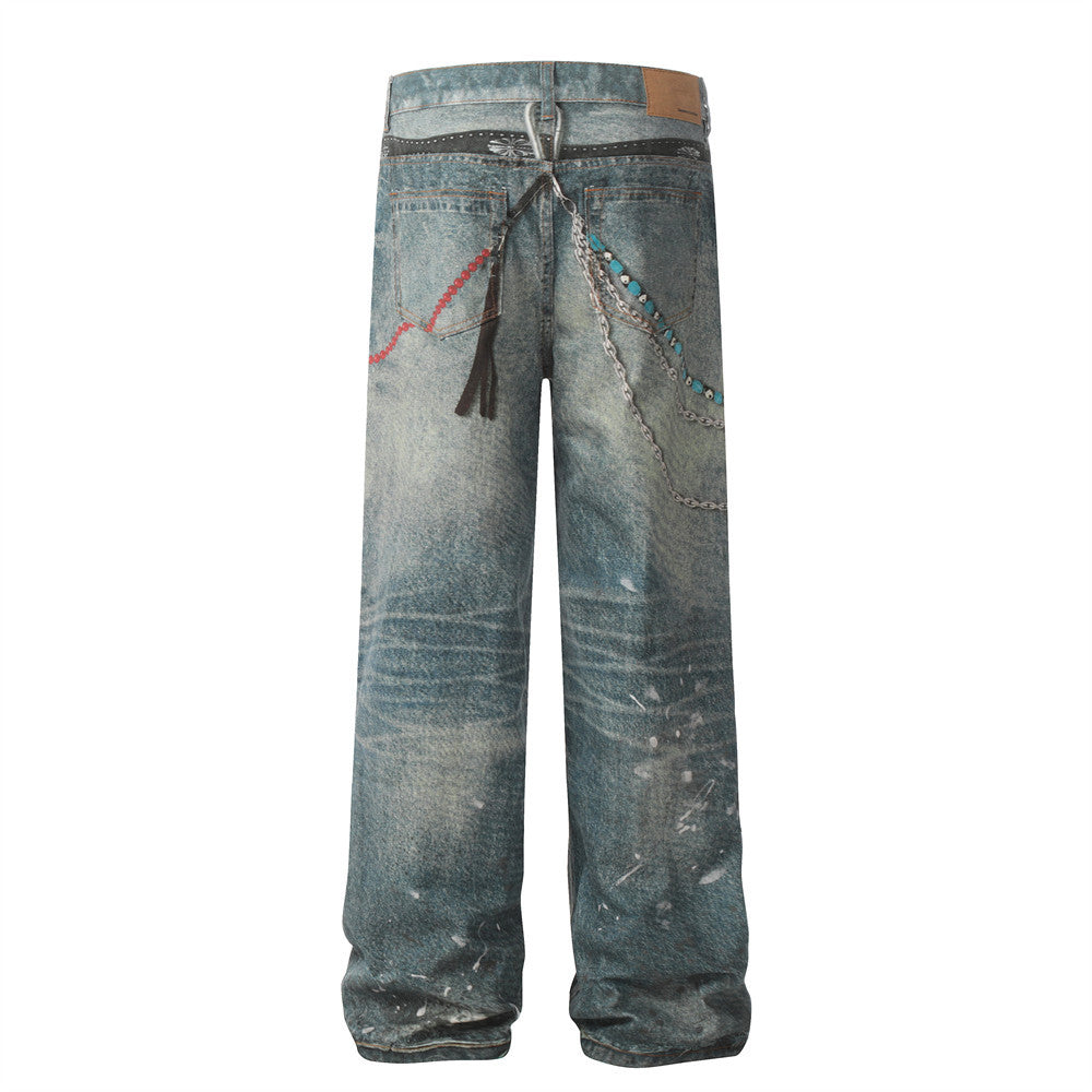 Hip hop punk chain pendant printed jeans