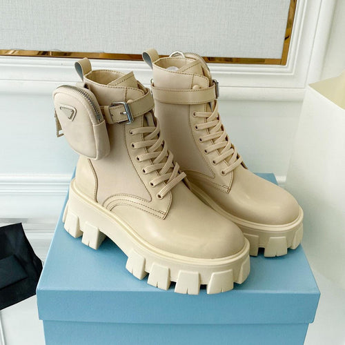Beige Round Toe Women Short Boots Thick Bottom Non-Slip Genuine Leather High Quality Women Ankle Boots  Runway Boots Women