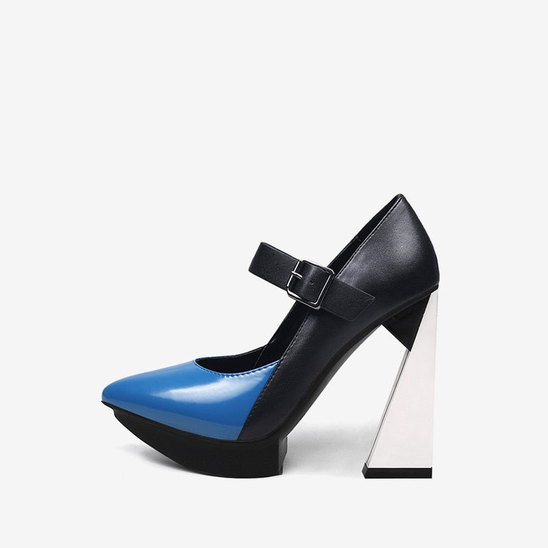 New Platform Women Shallow Pumps Pointed Toe Blue Mixed Black Leather High Heels Chic Mary Jeans Strap Party Stilettos