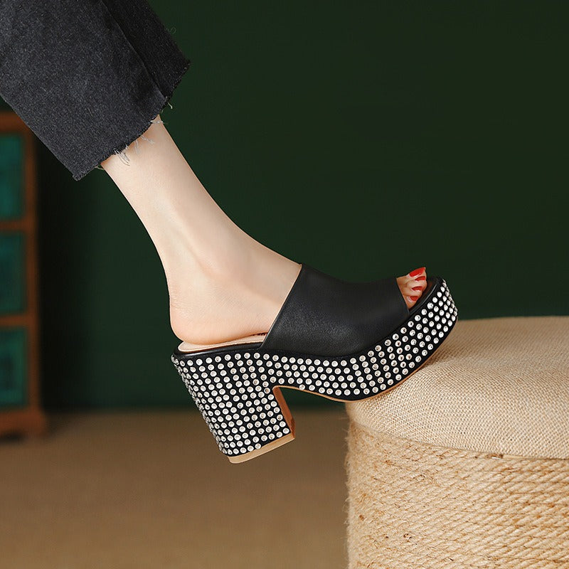 Summer New Waterproof Platform Thick Sole High Heels Shoes Thick Heels Fish Mouth Fashion Shoe Toe Layer Cowhide Water