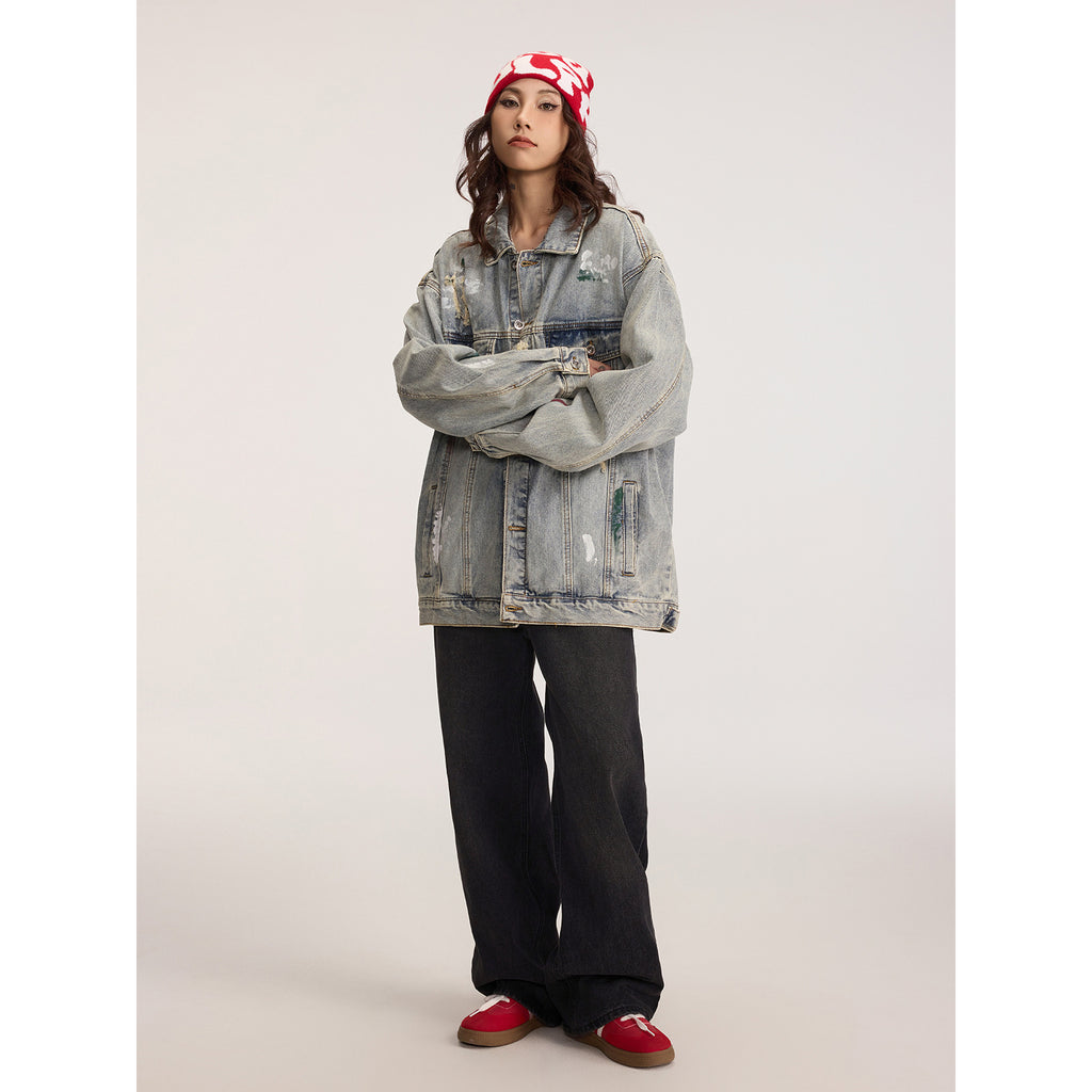 Ripped Paint-Style Denim Jacket for Women, Urban Streetwear Casual Outerwear
