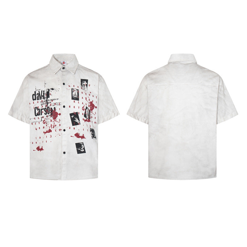 Street Style Retro Graffiti Print Design Cotton Short Sleeve Shirt