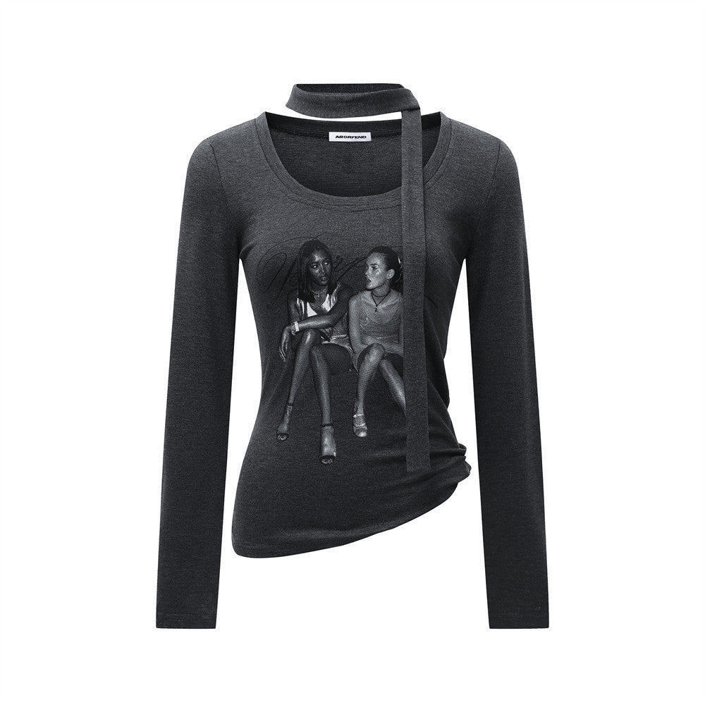 Urban Streetwear Character Print Long Sleeve U-Neck With Scarf Detail  Fitted T-Shirt for Women