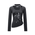 Urban Streetwear Character Print Long Sleeve U-Neck With Scarf Detail  Fitted T-Shirt for Women