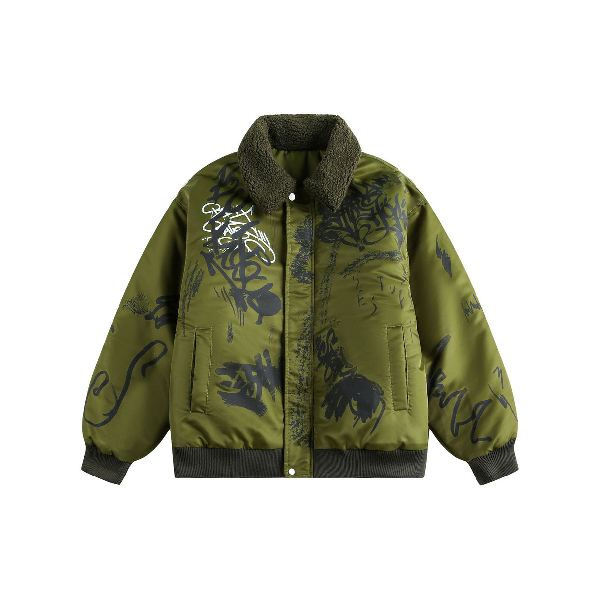 Graffiti Print Color-blocked Lamb Wool Lapel Cotton Coat