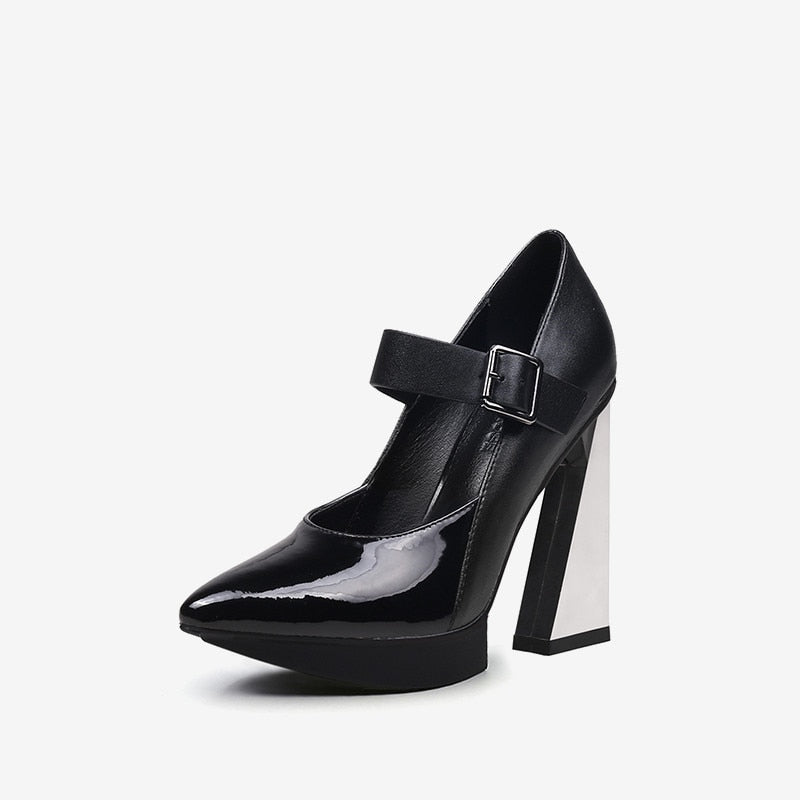 New Platform Women Shallow Pumps Pointed Toe Blue Mixed Black Leather High Heels Chic Mary Jeans Strap Party Stilettos