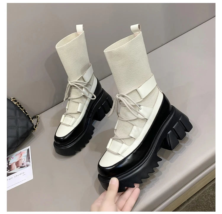 Ladies Casual Stretch Fabric Socks Boots Fashion Cross-tied Women Shoes Platform Boots Gothic Women Boots Woman