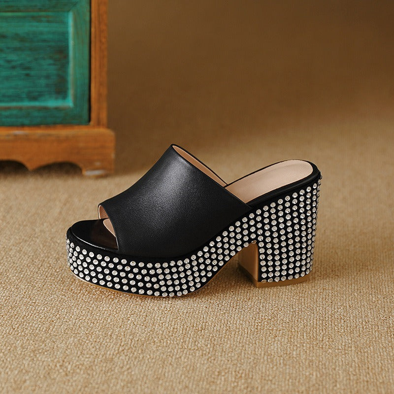 Summer New Waterproof Platform Thick Sole High Heels Shoes Thick Heels Fish Mouth Fashion Shoe Toe Layer Cowhide Water