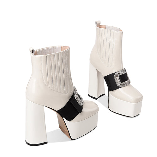 Autumn And Winter Leather Women's Shoes Wedding Shoes Stage Square Toe Thick Heels High Heels Sexy Large Size Leather Short Boots