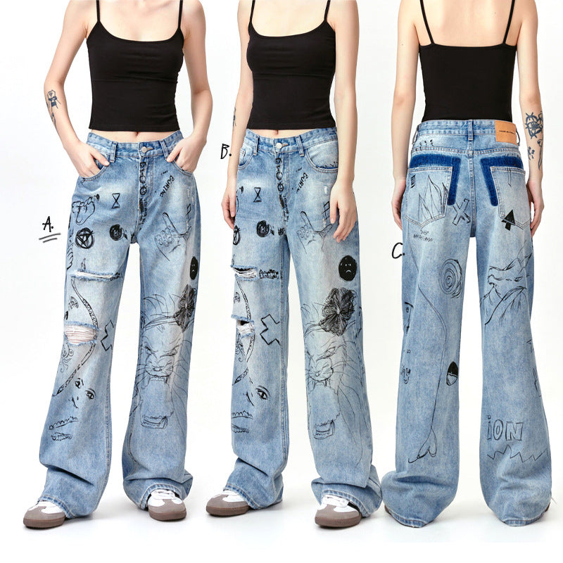 Graffiti Fun Niche Print Washed Distressed Denim Trousers