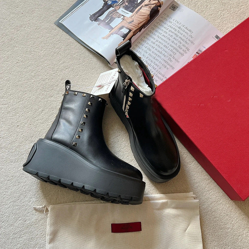 Thick Sole Platform Fashion Rivet Boots Women Height increasing Chelsea Ankle Boots Real Leather Wedge Heels Runway Punk Boots
