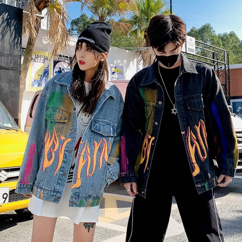 Autumn Harajuku Vintage Hand Painted Graffiti Print Denim Jacket