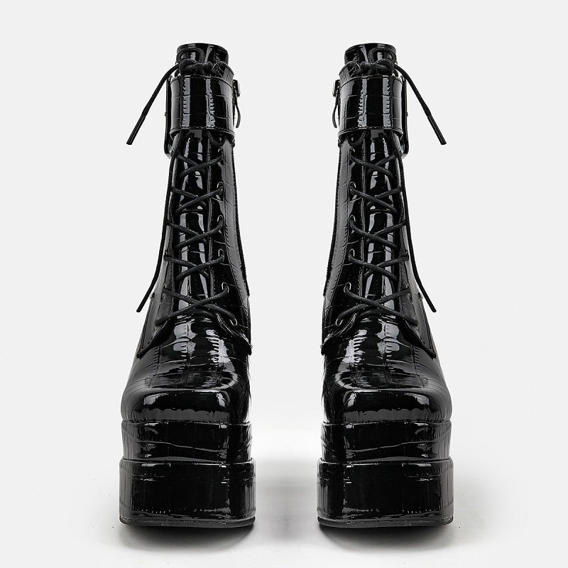 New super high heel square head large women's leather boots with strap and thick heel short boots double waterproof platform boots