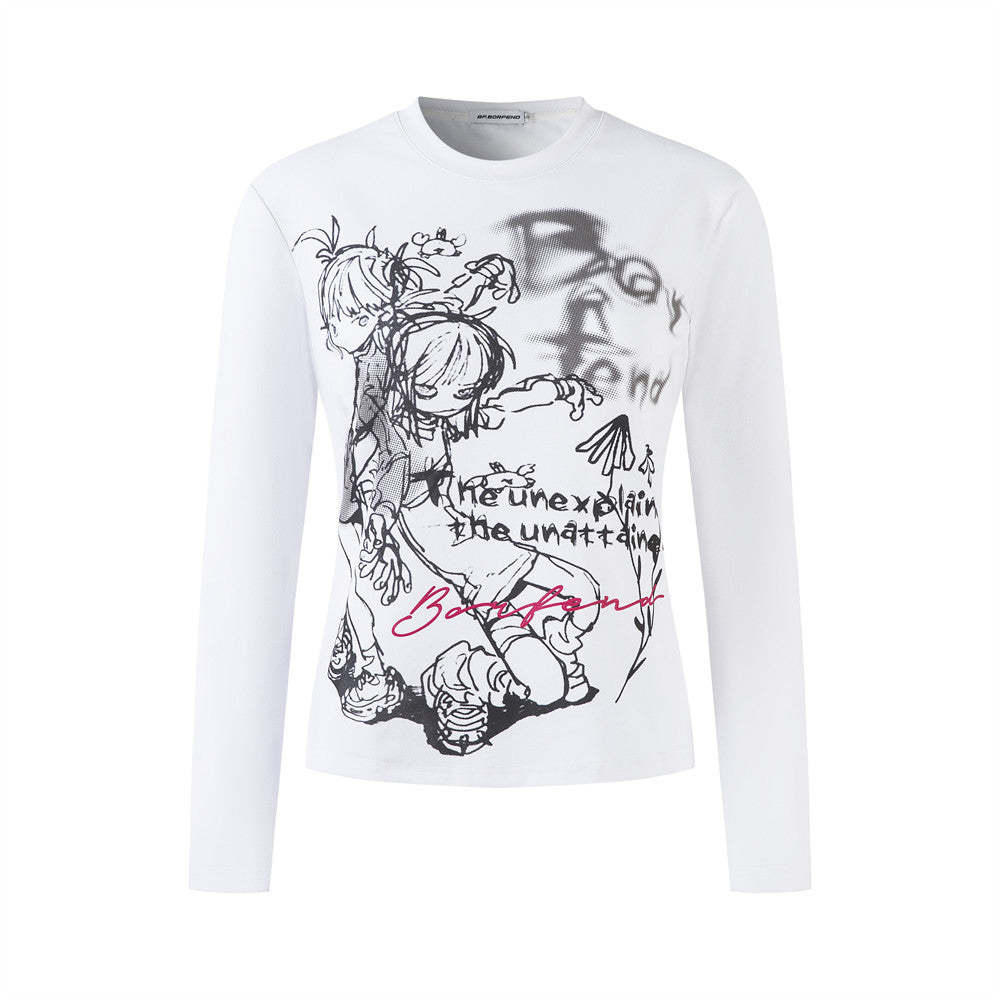 Graffiti Print Long Sleeve T-Shirt for Women Casual Round Neck Top,
