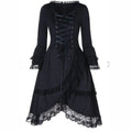 New Vintage Elegant Lace Up Goth Retro Party Dresses Women Gothic Punk Dress Long Flare Sleeve Sexy Black Mesh Sawing  Dress