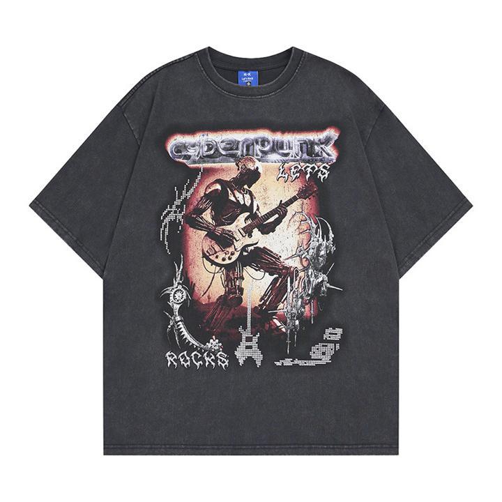 Punk robot rhinestone short sleeved T-shirt