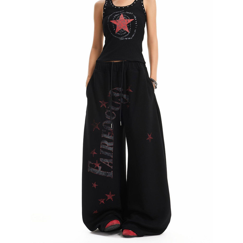 Urban Vintage Letter Star Print Sweatpants Casual Loose Straight Leg Wide Leg Elastic Waist Track Pants