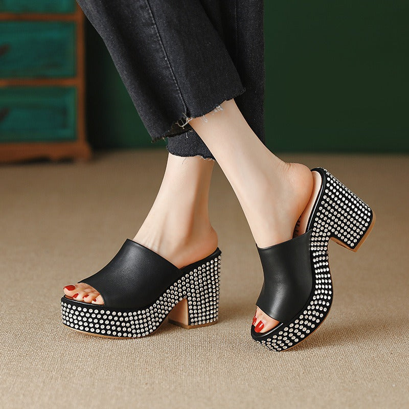 Summer New Waterproof Platform Thick Sole High Heels Shoes Thick Heels Fish Mouth Fashion Shoe Toe Layer Cowhide Water