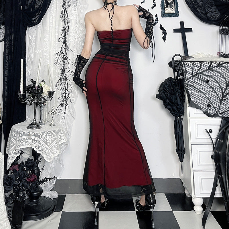 Black Red Goth Mesh Halter Neck Long Dress