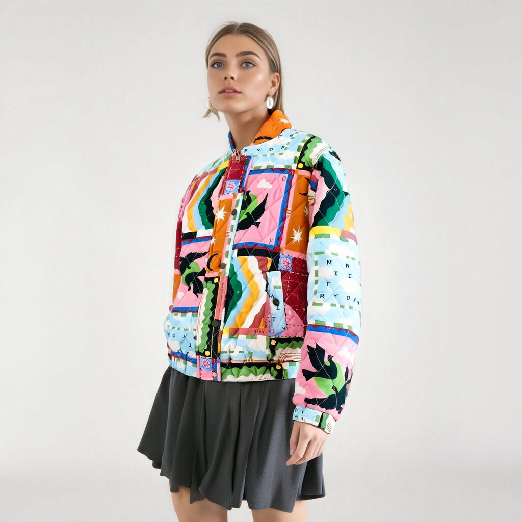 Graffiti print lapel single breasted loose cotton jacket for women