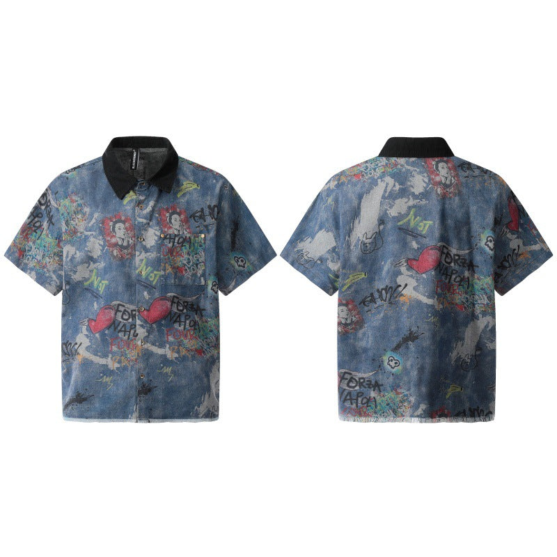 Vintage hip-hop fun graffiti print lapel denim shirt