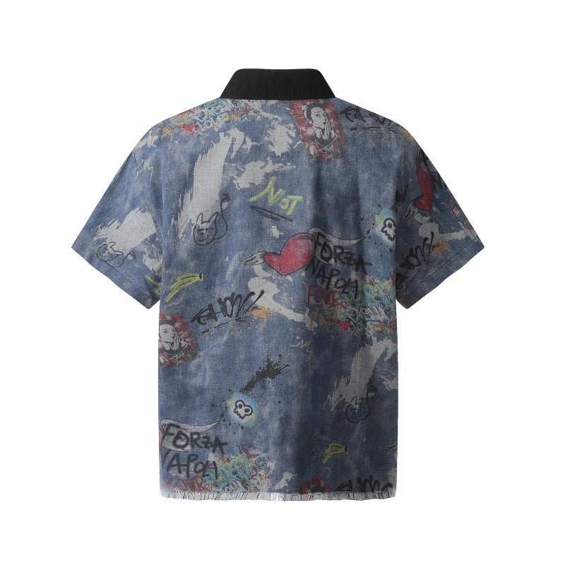 Vintage hip-hop fun graffiti print lapel denim shirt