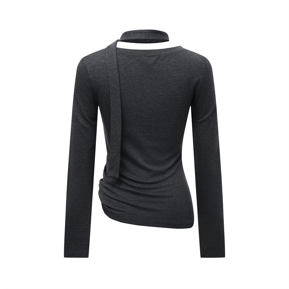 Urban Streetwear Character Print Long Sleeve U-Neck With Scarf Detail  Fitted T-Shirt for Women