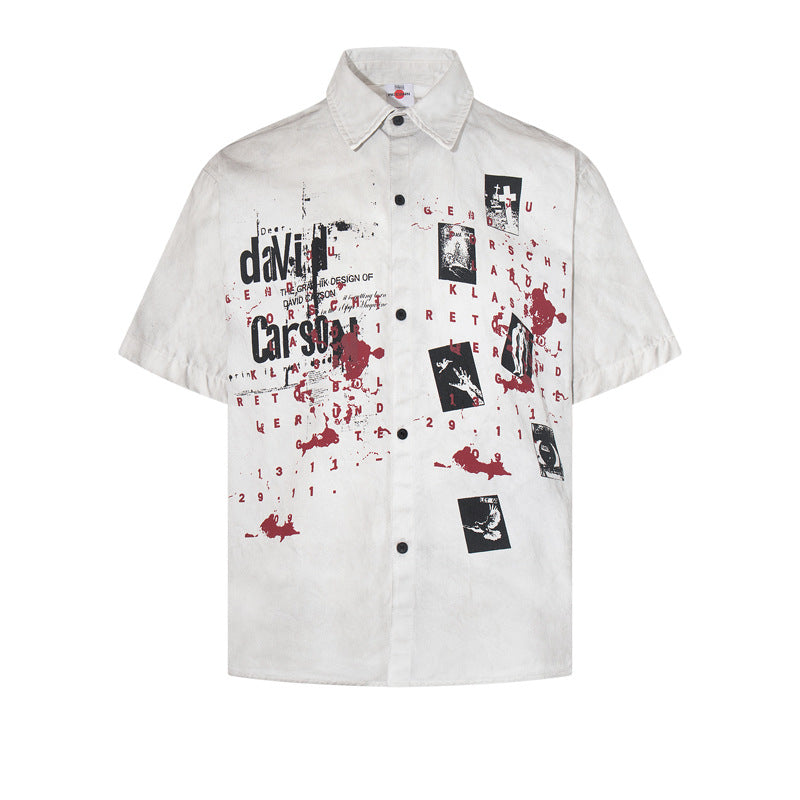 Street Style Retro Graffiti Print Design Cotton Short Sleeve Shirt