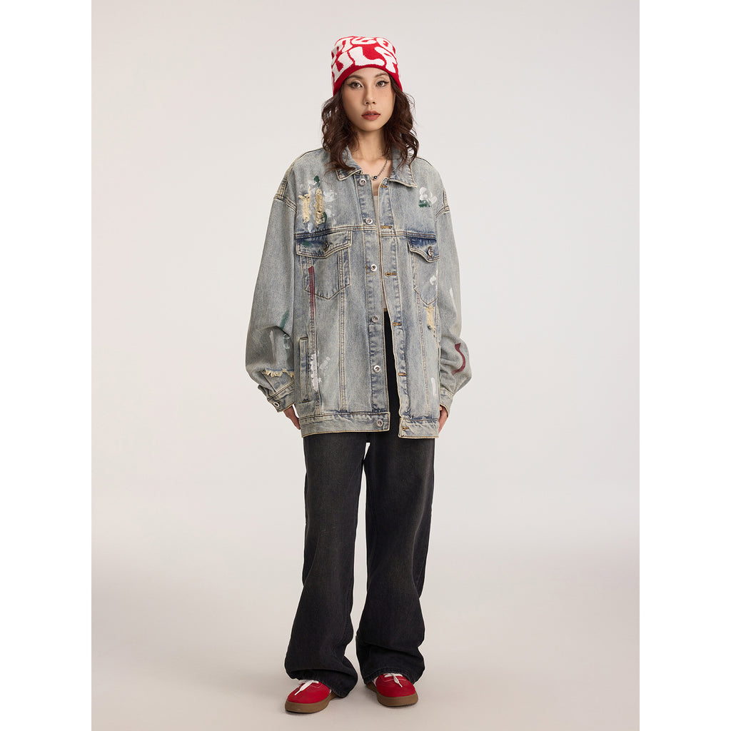 Ripped Paint-Style Denim Jacket for Women, Urban Streetwear Casual Outerwear