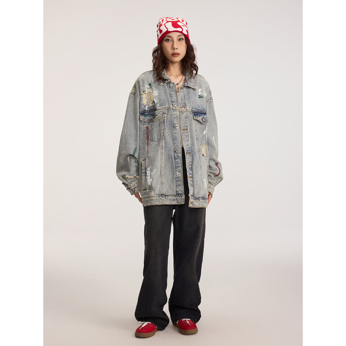 Ripped Paint-Style Denim Jacket for Women, Urban Streetwear Casual Outerwear