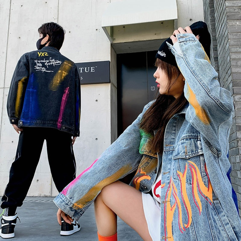 Autumn Harajuku Vintage Hand Painted Graffiti Print Denim Jacket