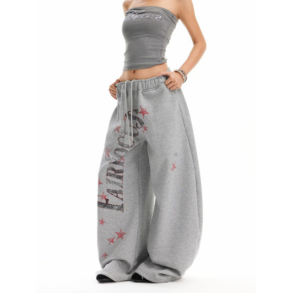 Urban Vintage Letter Star Print Sweatpants Casual Loose Straight Leg Wide Leg Elastic Waist Track Pants