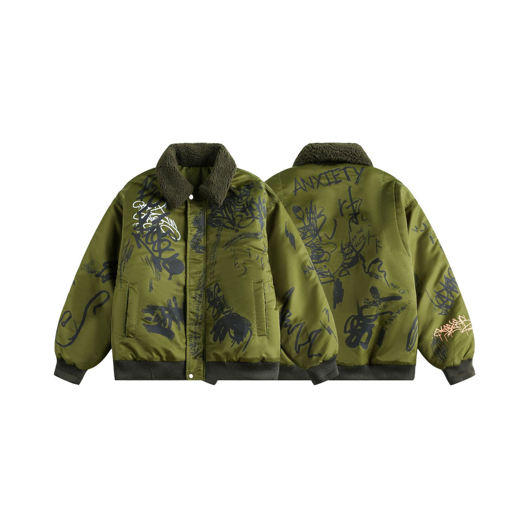 Graffiti Print Color-blocked Lamb Wool Lapel Cotton Coat