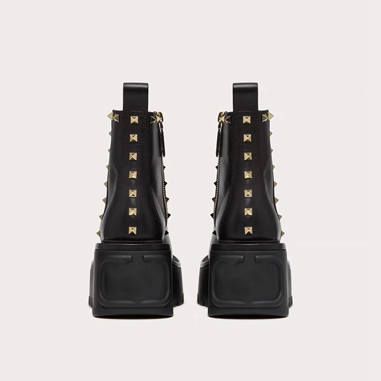 Thick Sole Platform Fashion Rivet Boots Women Height increasing Chelsea Ankle Boots Real Leather Wedge Heels Runway Punk Boots