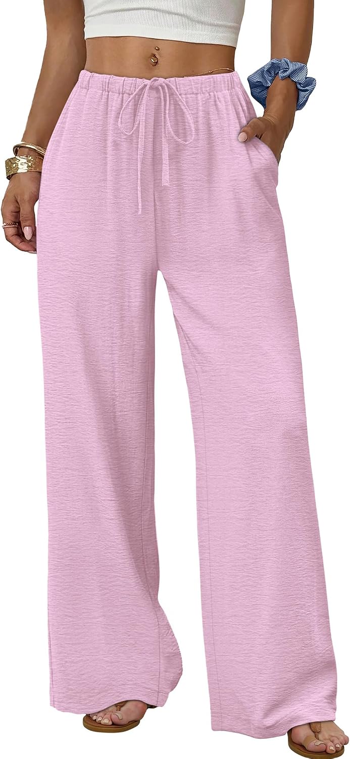Sampeel Wide Leg Pants for Women Flowy Palazzo Drawstring Elastic Waist Trousers with Pockets Summer Beach Vacation Clothes