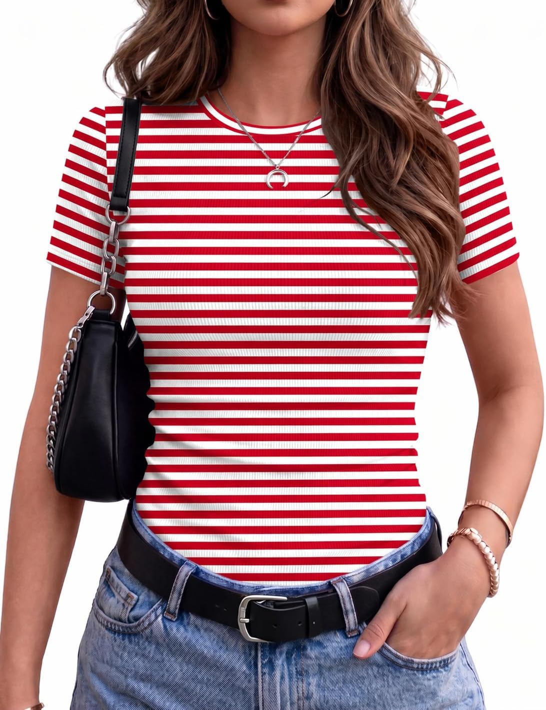Zeagoo Women's Ribbed Short Sleeve Tops Crewneck Stretch Basic Tshirt S-2XL