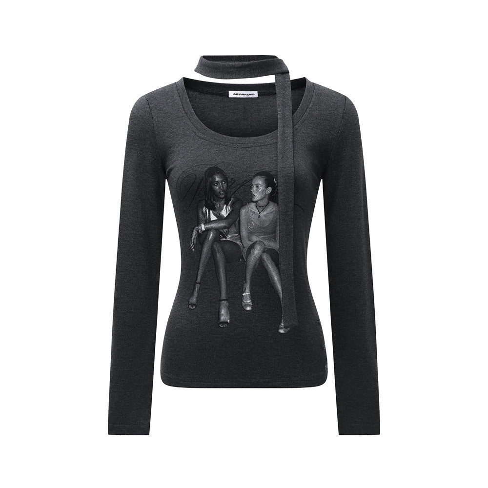 Urban Streetwear Character Print Long Sleeve U-Neck With Scarf Detail  Fitted T-Shirt for Women