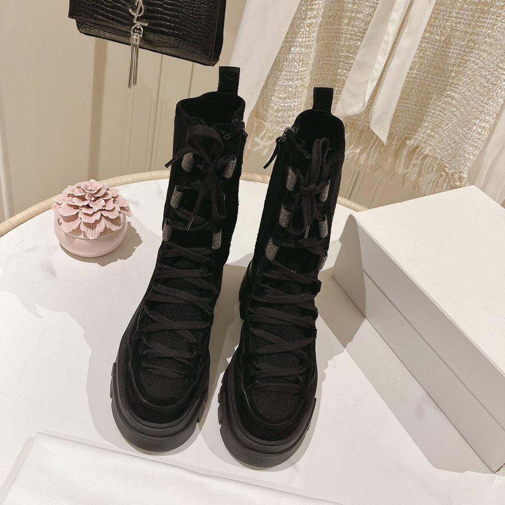 Classic Lace up Middle Boots Women Rubber Anti Slip suede Ankle Booties Woman Autumn Fashion Platform Boots Female Winter Boots