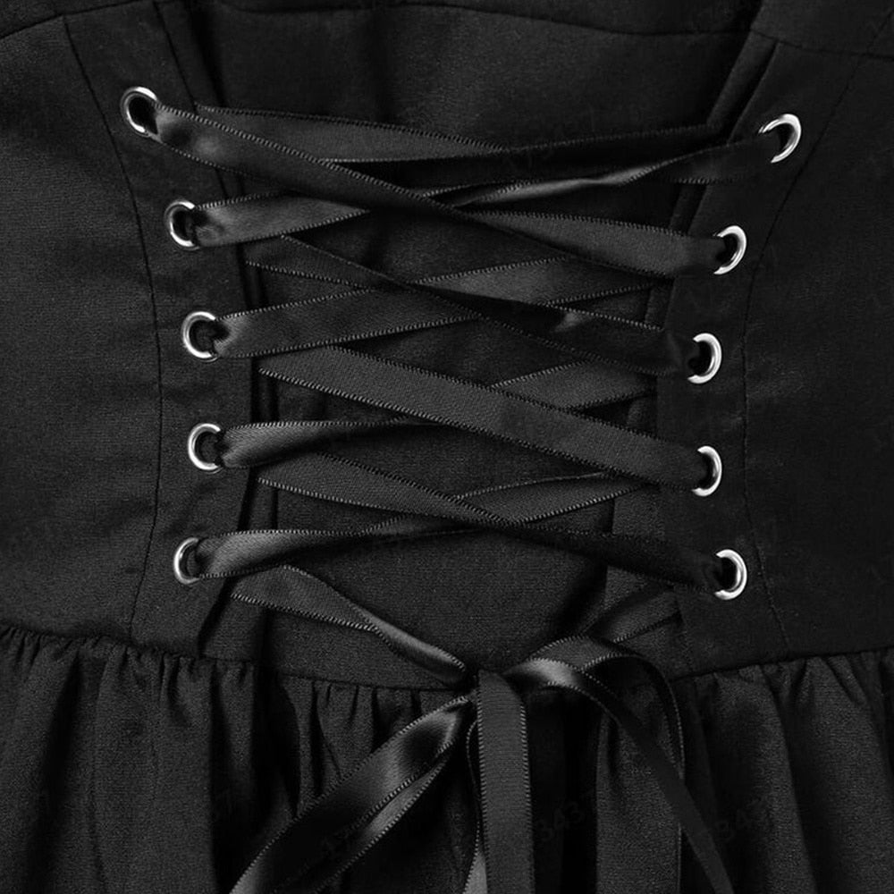New Vintage Elegant Lace Up Goth Retro Party Dresses Women Gothic Punk Dress Long Flare Sleeve Sexy Black Mesh Sawing  Dress