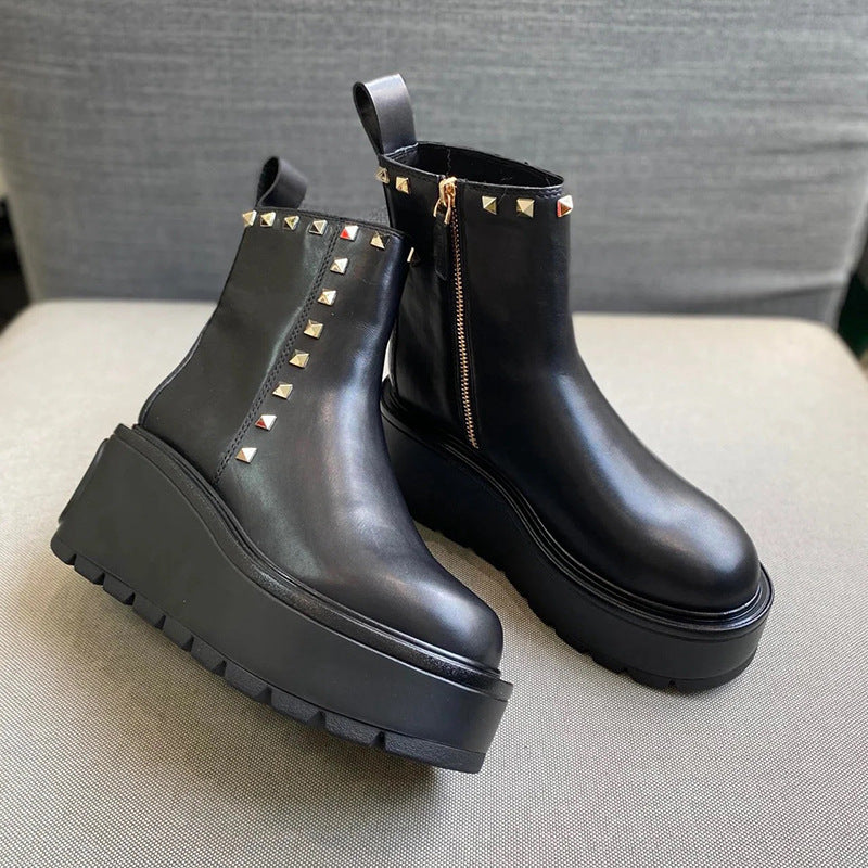 Thick Sole Platform Fashion Rivet Boots Women Height increasing Chelsea Ankle Boots Real Leather Wedge Heels Runway Punk Boots