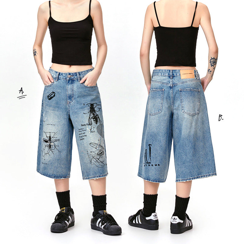 Street Graffiti Print Destroyed Hole Seven-Quarter Denim Shorts for Men