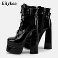 New super high heel square head large women's leather boots with strap and thick heel short boots double waterproof platform boots