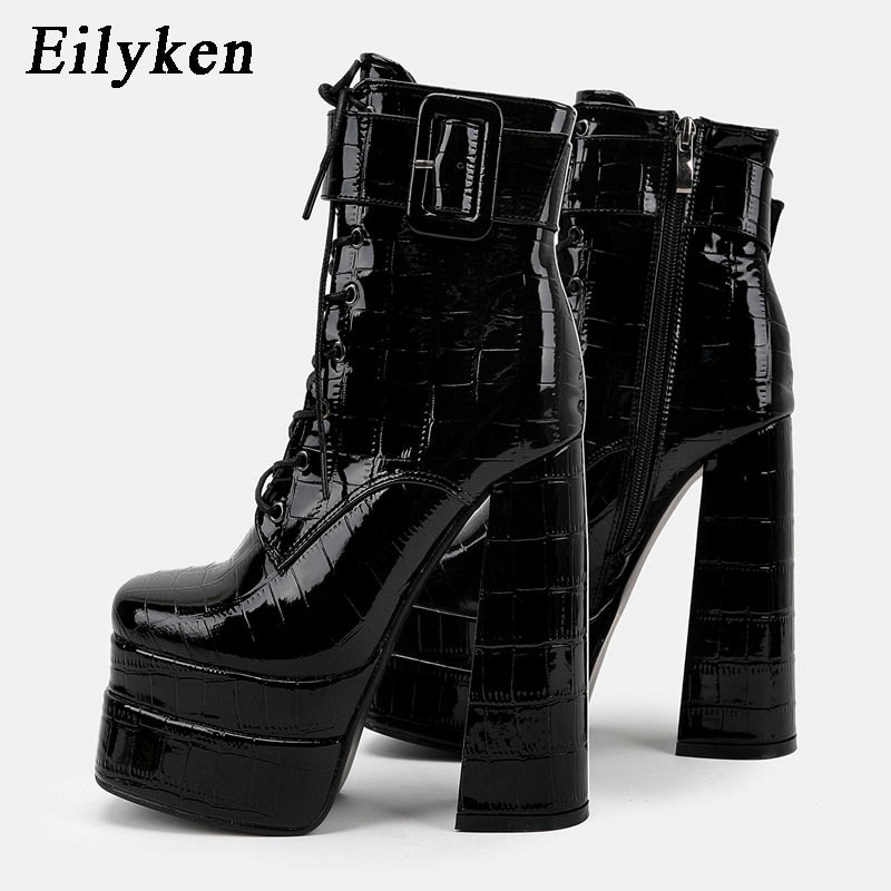 New super high heel square head large women's leather boots with strap and thick heel short boots double waterproof platform boots