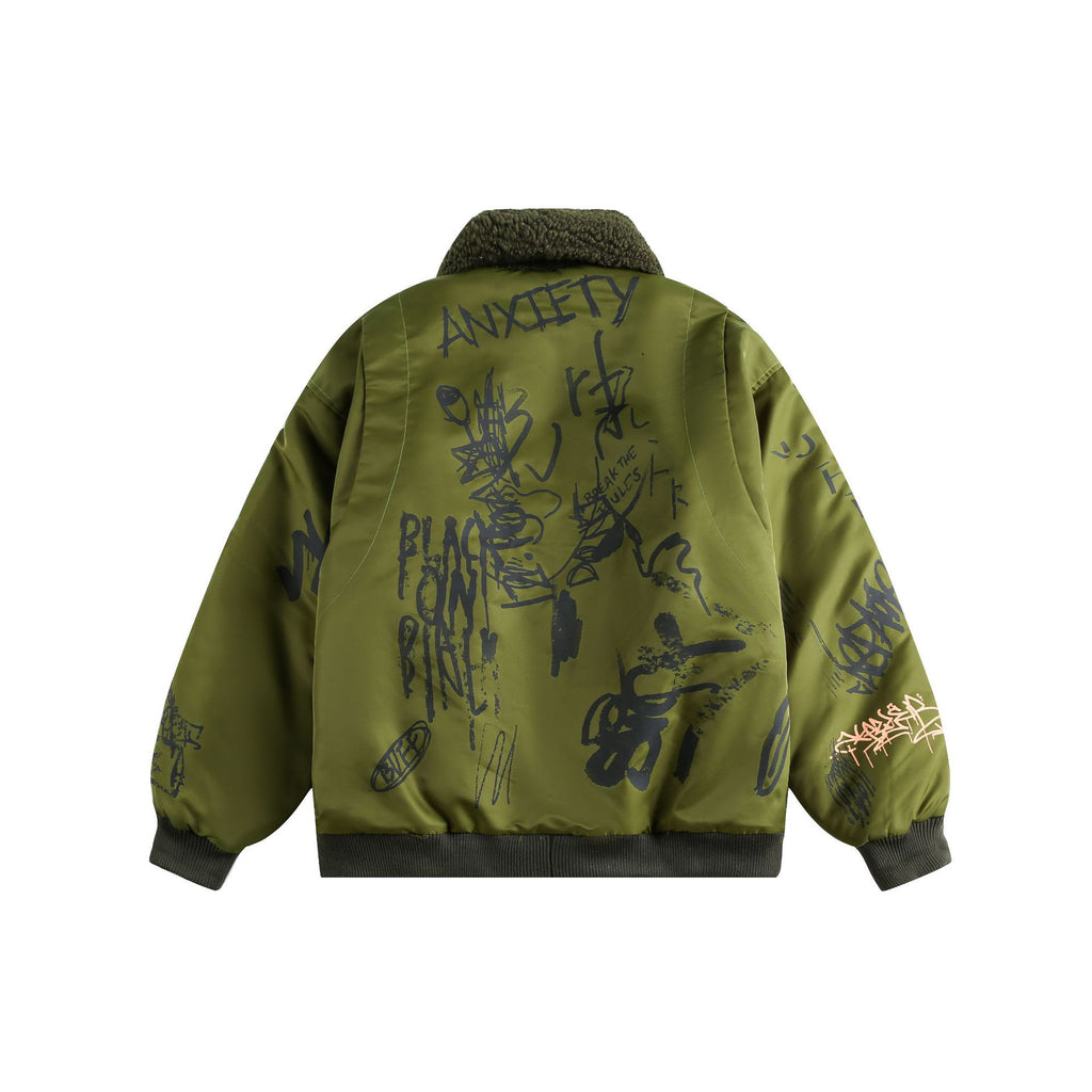 Graffiti Print Color-blocked Lamb Wool Lapel Cotton Coat