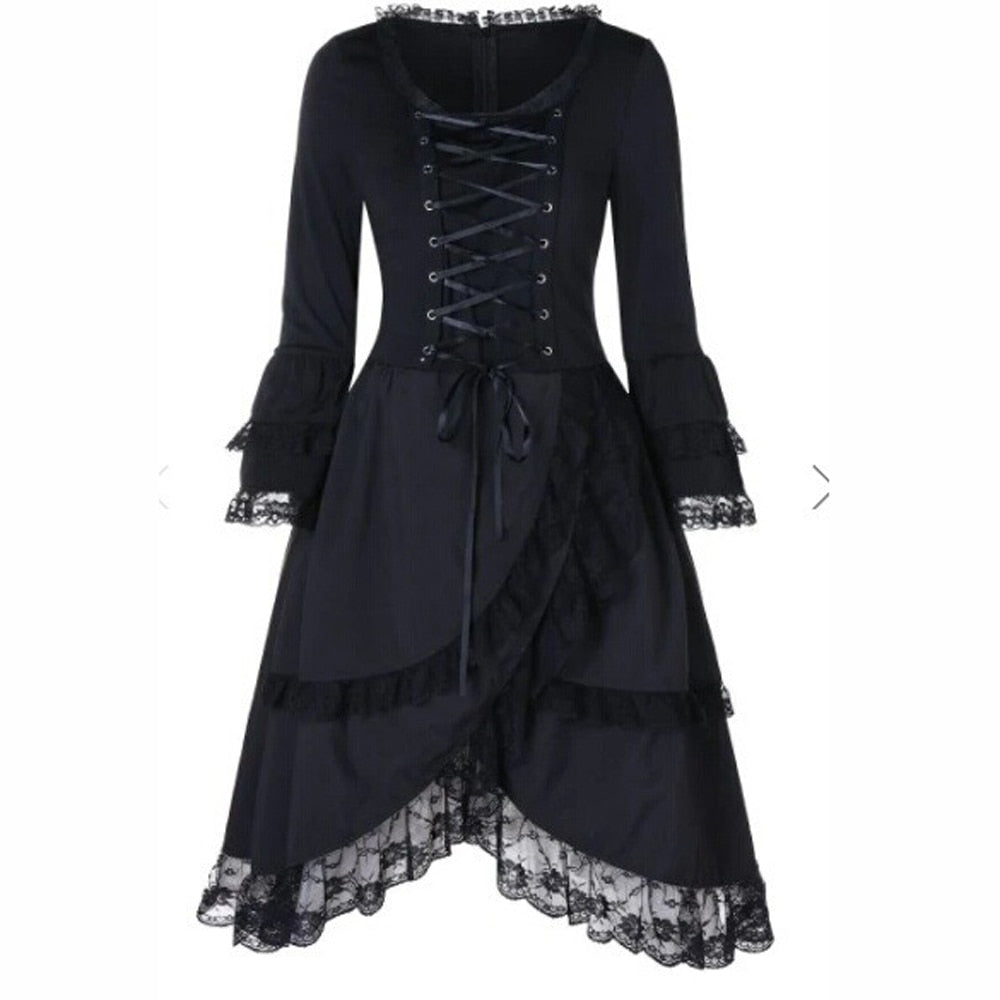 New Vintage Elegant Lace Up Goth Retro Party Dresses Women Gothic Punk Dress Long Flare Sleeve Sexy Black Mesh Sawing  Dress